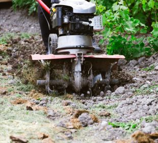 Farmer man plows the land with a cultivator preparing the soil for sowing.